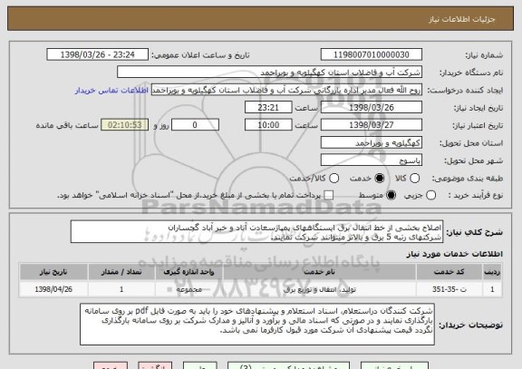 استعلام اصلاح بخشی از خط انتقال برق ایستگاههای پمپاژسعادت آباد و خیر آباد گچساران 
شرکتهای رتبه 5 برق و بالاتر میتوانند شرکت نمایند.