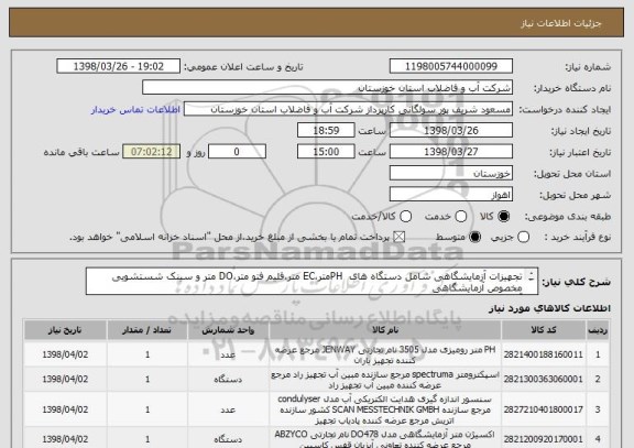 استعلام تجهیزات آزمایشگاهی شامل دستگاه های  PHمتر،EC متر،فلیم فتو متر،DO متر و سینک شستشویی مخصوص آزمایشگاهی
آموزش ونصب به عهده فروشنده می باشد