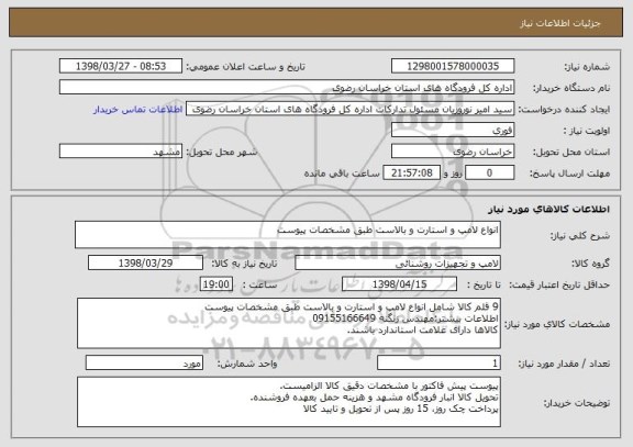 استعلام انواع لامپ و استارت و بالاست طبق مشخصات پیوست