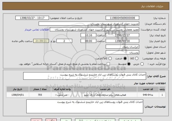 استعلام احداث کانال بتنی قنوات روستاهای زین اباد خارتیدو ششتوک به شرح بیوست