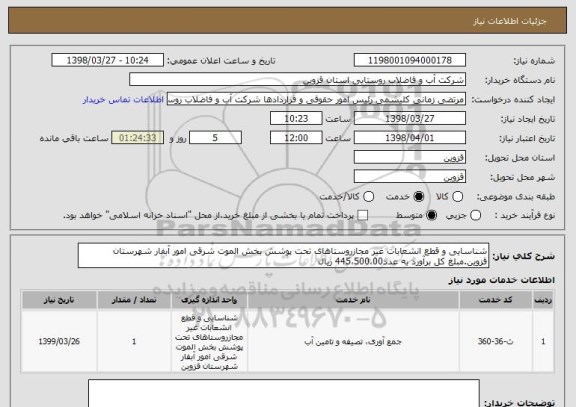 استعلام شناسایی و قطع انشعابات غیر مجازروستاهای تحت پوشش بخش الموت شرقی امور آبفار شهرستان قزوین.مبلغ کل برآورد به عدد445،500،00 ریال  