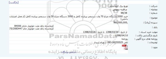 مناقصه خرید 2000 دستگاه چراغ 70 وات سدیمی ....