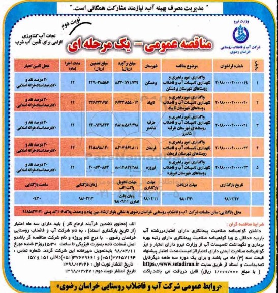مناقصه عمومی , مناقصه واگذاری امور راهبری و نگهداری تاسیسات آب و فاضلاب روستاهای شهرستان و... نوبت دوم 
