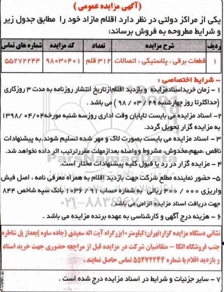 آگهی مزایده عمومی , مزایده فروش قطعات برقی ، پلاستیکی ، اتصالات