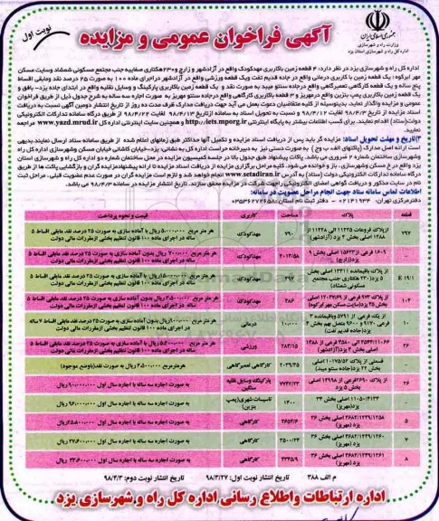 مزایده ,مزایده 4 قطعه زمین با کاربری مهدکودک و ...