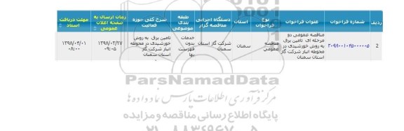مناقصه ، مناقصه تامین برق به روش خورشیدی در محوطه انبار شرکت گاز 