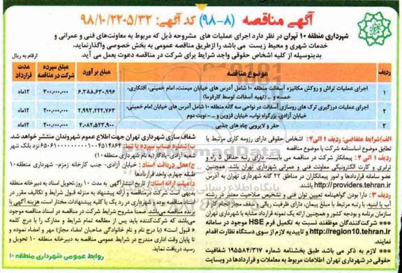 آگهی مناقصه عمومی , مناقصه اجرای عملیات تراش و روکش مکانیزه آسفالت
