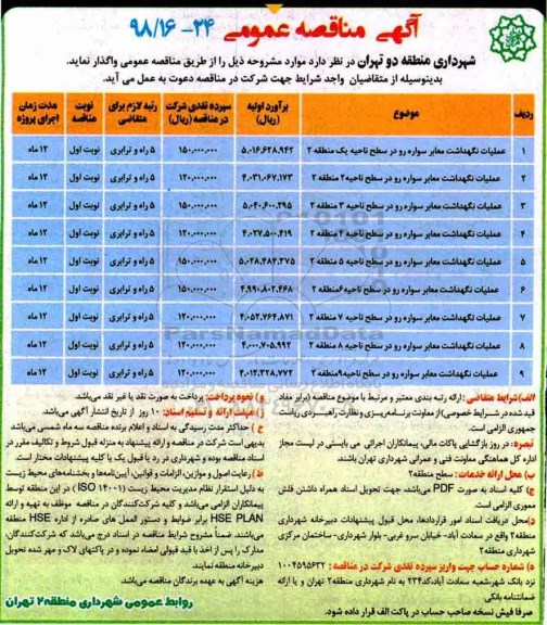 آگهی مناقصه عمومی, مناقصه عملیات نگهداشت معابر سواره رو 