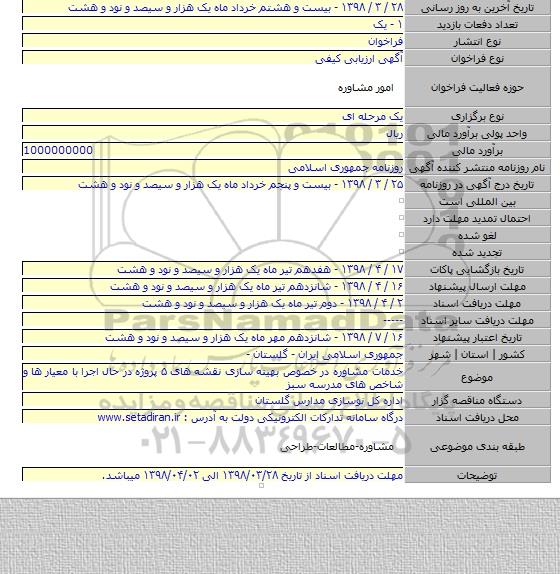 خدمات مشاوره در خصوص بهینه سازی نقشه های ۵ پروژه در حال اجرا با معیار ها و شاخص های مدرسه سبز