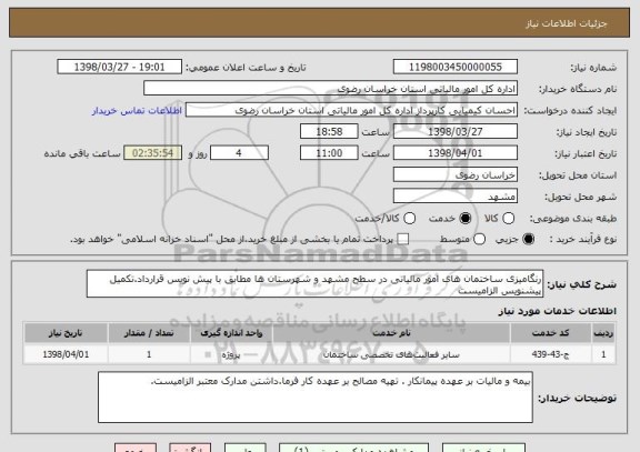 استعلام رنگامیزی ساختمان های امور مالیاتی در سطح مشهد و شهرستان ها مطابق با پیش نویس قرارداد.تکمیل پیشنویس الزامیست