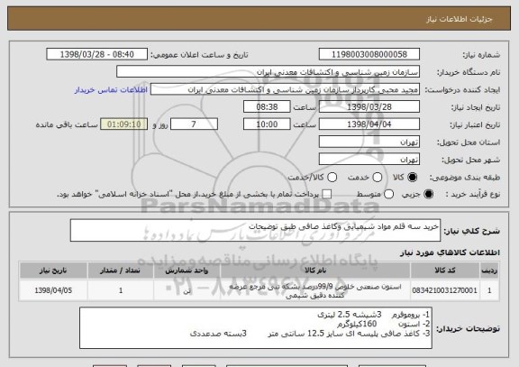 استعلام خرید سه قلم مواد شیمیایی وکاغذ صافی طبق توضیحات