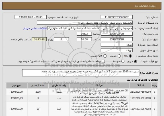 استعلام سی دی 2000 عدد ماژیم 3 عدد کاور 20بسته هزینه حمل بغهده فروشنده تسویه یک ماهه