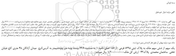 مزایده، مزایده فروش یک سهم از شش سهم ملک به پلاک ثبتی 8395 فرعی  از 157 اصلی 