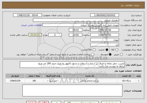 استعلام تخریب، حمل نخاله و اجرای زیر سازی و آسفالت و جدول کانیوو  به متراژ حدود 180 متر مربع 
نیازها به پیوست می باشد