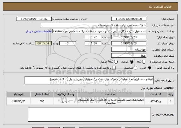 استعلام تهیه و نصب ایزوگام 4 میلیمتر بر روی دیوار پست برق مهزیار ( بحران سیل ) - 390 مترمربع
