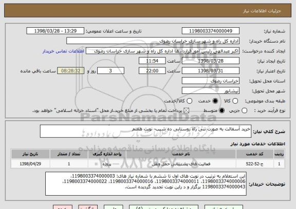 استعلام خرید آسفالت به صورت تنی راه روستایی ده شیب- نوبت هفتم