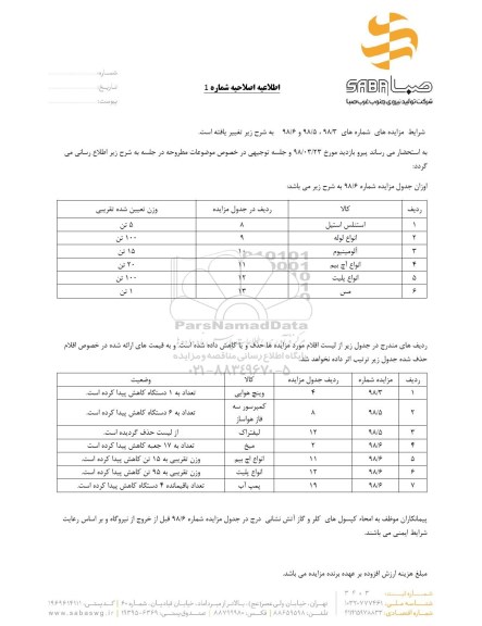 اطلاعیه و اصلاحیه مزایده , اطلاعیه اصلاحیه مزایده استنلس استیل و...