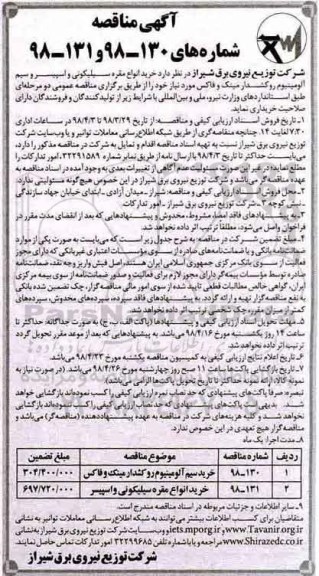 مناقصه, مناقصه خرید انواع مقره سیلیکونی... 