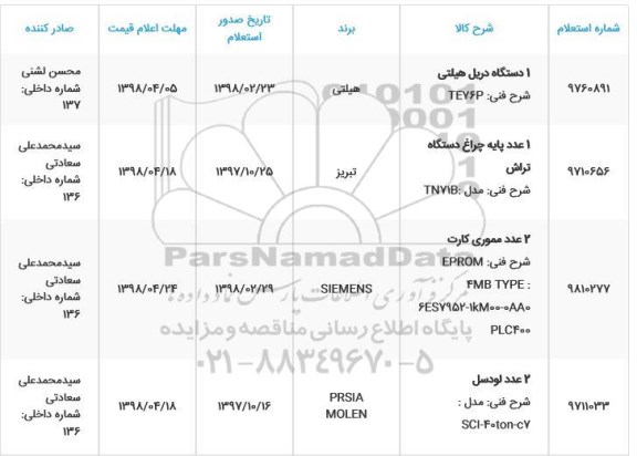 استعلام , استعلام  1 دستگاه دریل هیلتی و ... 
