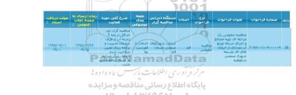 مناقصه عمومی تهیه مصالح و اجرای شبکه توزیع آب تعدادی