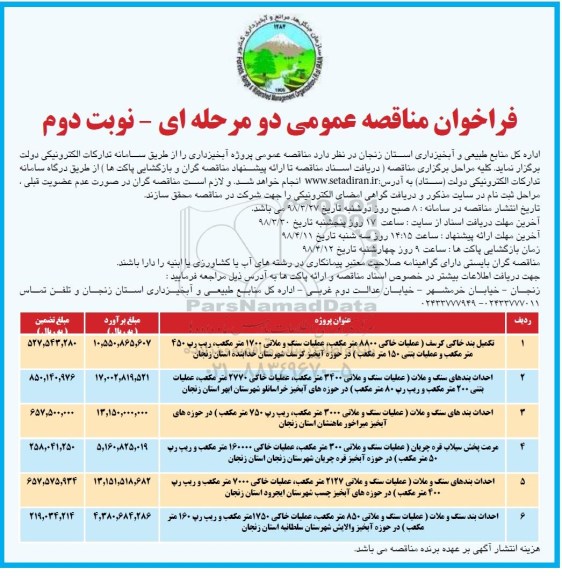 فراخوان مناقصه عمومی دو مرحله ای, مناقصه تکمیل بند خاکی نوبت دوم 