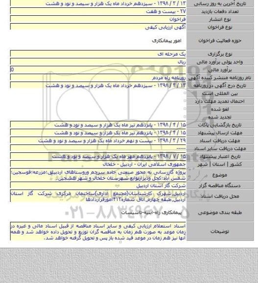 پروژه گازرسانی به محور صنعتی جاده سرچم وروستاهای اردبیلق؛مزرعه؛قوسجین؛شمس آباد؛کجل ودیزازتوابع شهرستان خلخال و شهر هشجین.