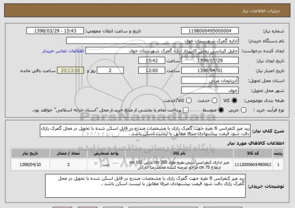 استعلام رید میز کنفرانس 6 نفره جهت گمرک رازی با مشخصات مندرج در فایل اسکن شده با تحویل در محل گمرک رازی دقت شود قیمت پیشنهادی صرفا مطابق با لیست اسکن باشد .