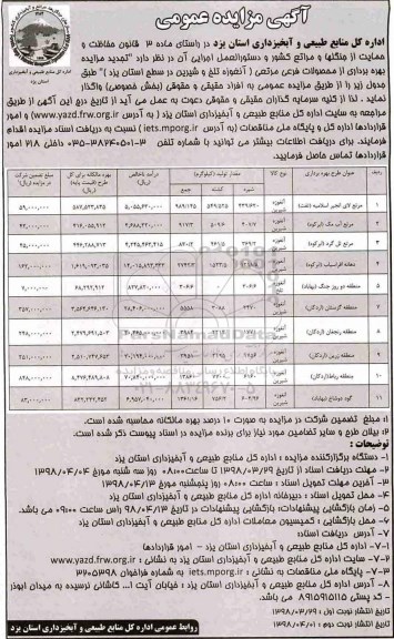 اگهی مزایده عمومی ، مزایده بهره برداری از محصولات فرعی مرتعی تجدید 