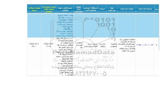 مناقصه واگذاری امور راهبری و نگهداری تاسیسات آب و فاضلاب