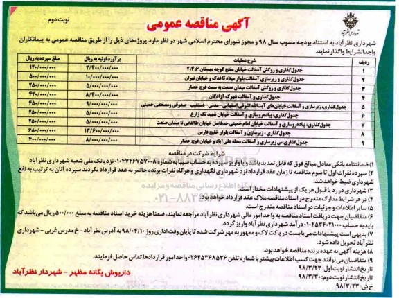 مناقصه, مناقصه جدول گذاری و روکش آسفالت و... نوبت دوم 