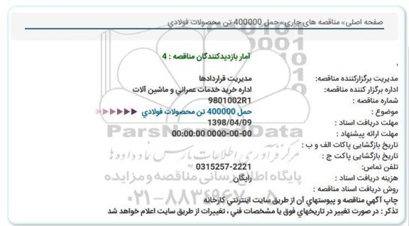 مناقصه, مناقصه حمل 400000 تن محصولات فولادی