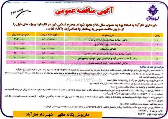 مناقصه روکش آسفالت میدان شیرودی نوبت دوم 