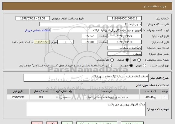 استعلام احداث کانال هدایت سیلاب پارک معلم شهر لیکک
