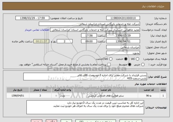 استعلام بستن قرارداد با شرکت معتبر برای اجاره 3خودرومدل 96و بالاتر
پارس-سمند-405
