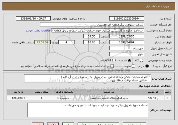 استعلام انجام عملیات خاکی و ساختمانی پست موبیل  GIS سرو ( دشت آزادگان )
مطابق اسناد و نقشه های پیوست
