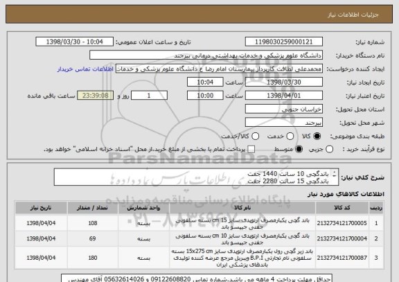 استعلام باندگچی 10 سانت 1440 جفت
باندگچی 15 سانت 2280 جفت
باندویبریل 15سانت 3780 عدد