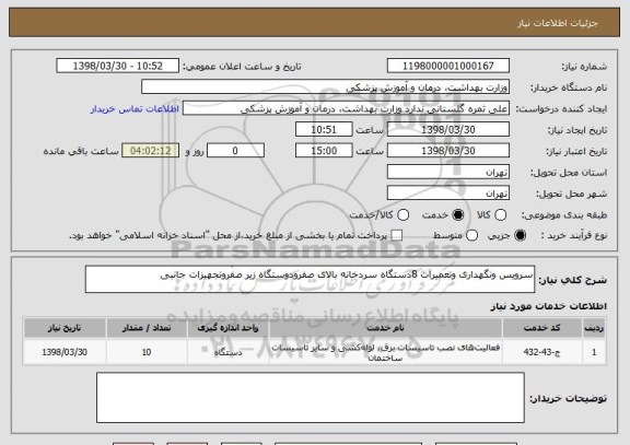 استعلام سرویس ونگهداری وتعمیرات 8دستگاه سردخانه بالای صفرودوستگاه زیر صفروتجهیزات جانبی