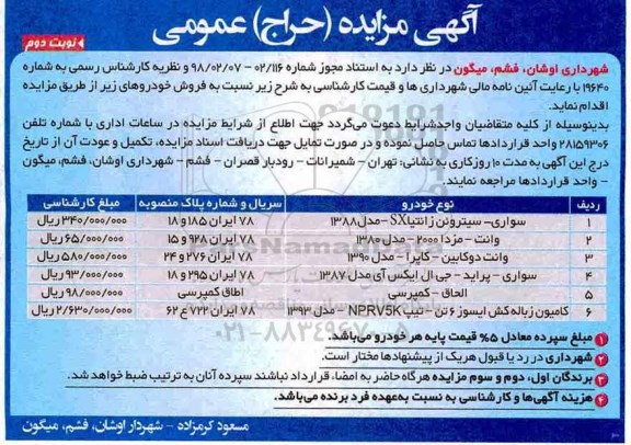 مزایده فروش خودروها - نوبت دوم