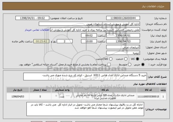 استعلام خرید 5 دستگاه صندلی اداری مدل هانی H311  استیل - ایران کد درج شده صوری می باشد-