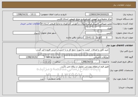 استعلام خرید کابل و اتصالات  قیمت به صورت جمع کل و با احتساب ارزش افزوده قید گردد. 