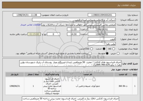 استعلام اجرای فنداسیون های کانکس ، مخزن  50 مترمکعبی احداث ایستگاه پمپاژ  روستای آب باریک شهرستان بوئین زهرا با برآورد999،789،629ریال 