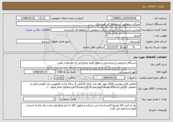 استعلام دستگاه تشخیص و شناسایی سطوح آلوده منابع آبی به مشتقات نفتی