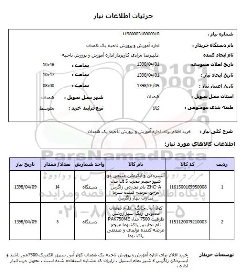 استعلام خرید اقلام برای اداره آموزش و پرورش ناحیه یک همدان 
