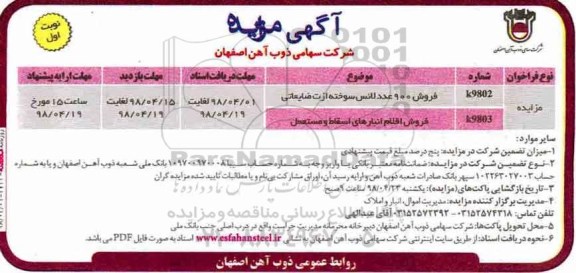 مزایده ، مزایده فروش900 عدد لانس سوخت ازت ضایعاتی...