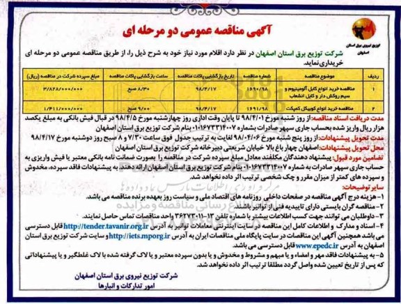 مناقصه , مناقصه خرید انواع کابل آلومینیوم و سیم روکش دار  و...