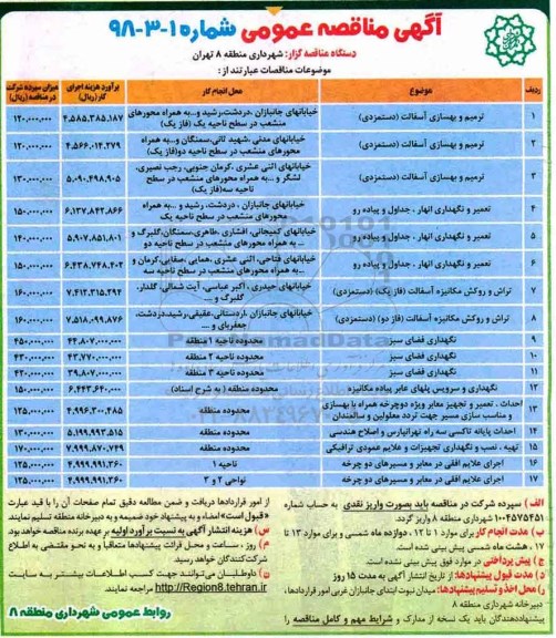 مناقصه عمومی, مناقصه ترمیم و بهسازی آسفالت و ...