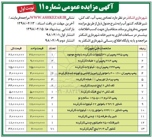 مزایده تعدادی پمپ آب، کف کش، شیر فلکه، کنتور آب