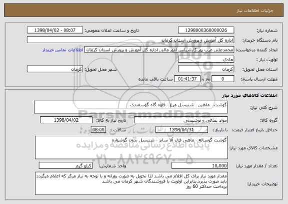 استعلام گوشت - ماهی - شنیسل مرغ - قلوه گاه گوسفندی 