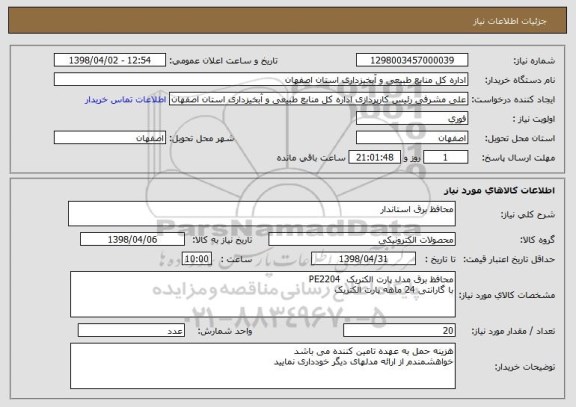 استعلام محافظ برق استاندار 