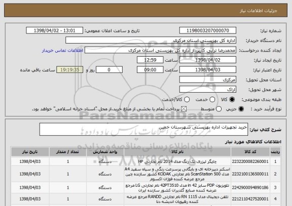 استعلام خرید تجهیزات اداره بهزیستی شهرستان خمین 